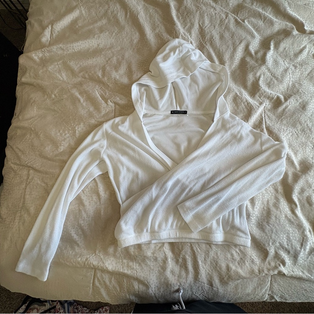 White Crop Wrap Long Sleeve Hoodie